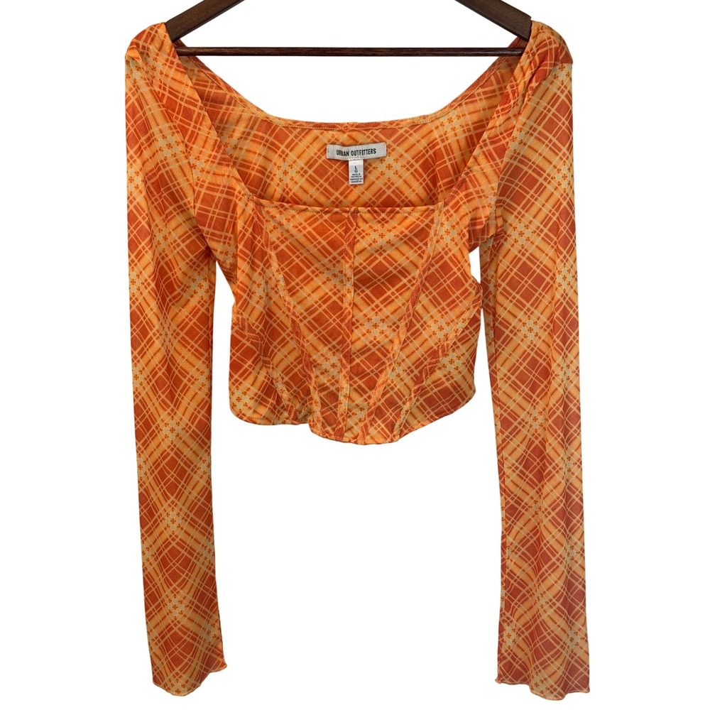 Urban‎ Outfitters Sheer Orange Plaid Corset Coquette Crop Top Size Large